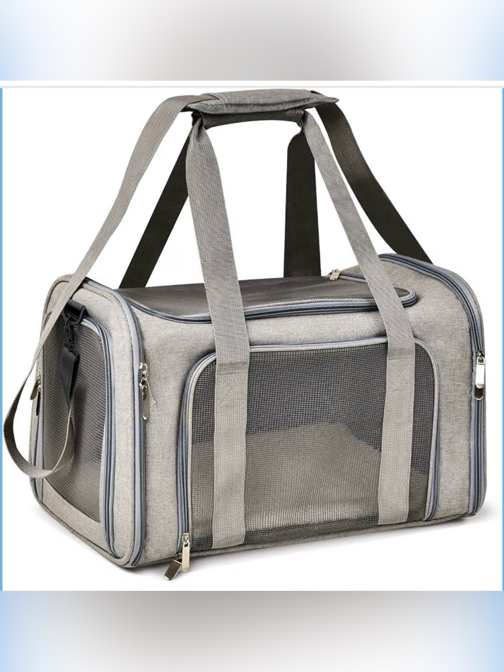 Gray Mesh-Panel Travel Pet Carrier Bag - Hands-Free Shoulder & Top Handles